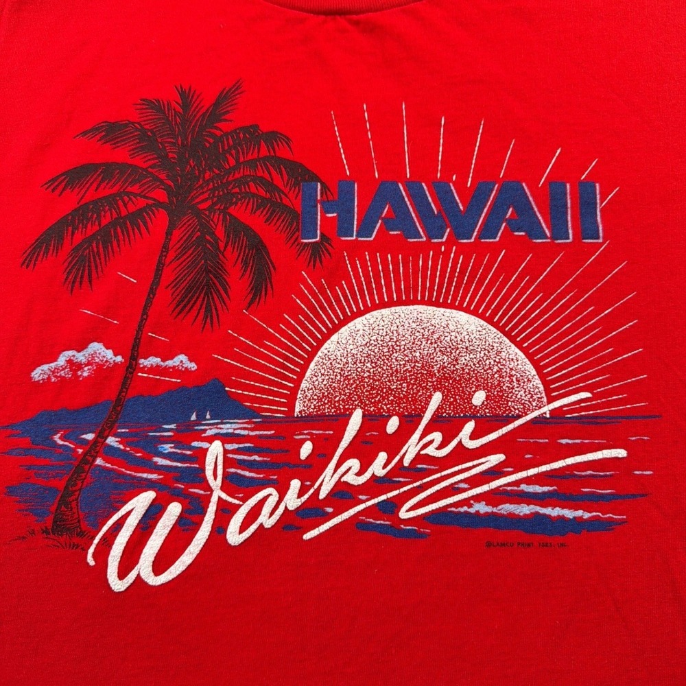 VTG 80s Hawaii Waikiki Beach Shirt Stedman Tag L Red Single Stitch Made in USA